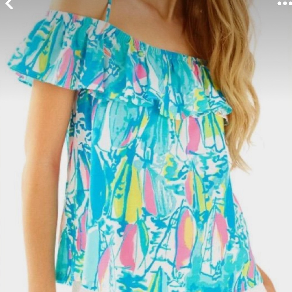 Lilly Pulitzer Off-Shoulder Ruffle Top in Turquoise Multi - Picture 6 of 6